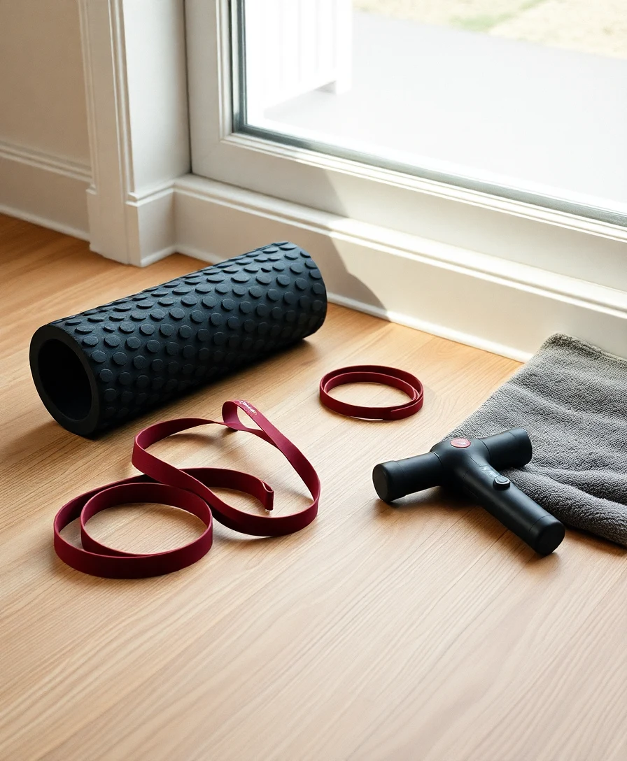 Black textured foam roller, burgundy resistance bands, and a percussion massage gun on a light oak floor by a window — the home recovery starter kit